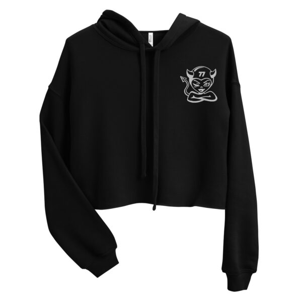 "Little Devil" Logo Crop Hoodie, Black, Military Green - Image 3