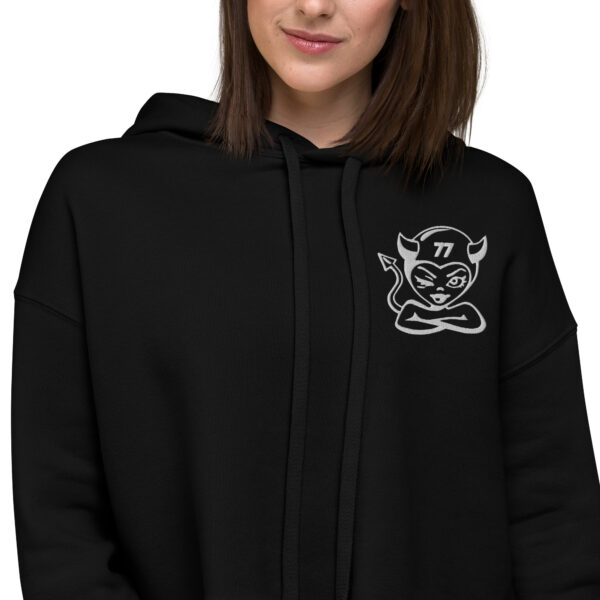 "Little Devil" Logo Crop Hoodie, Black, Military Green - Image 6