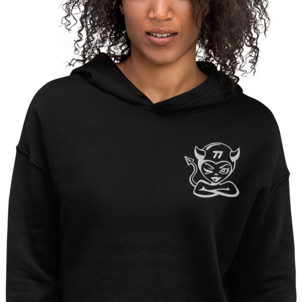 "Little Devil" Logo Crop Hoodie, Black, Military Green - Image 7
