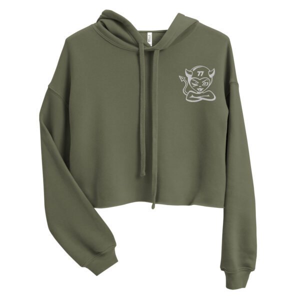 "Little Devil" Logo Crop Hoodie, Black, Military Green - Image 2