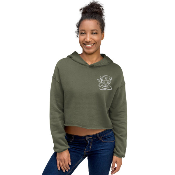 "Little Devil" Logo Crop Hoodie, Black, Military Green - Image 8