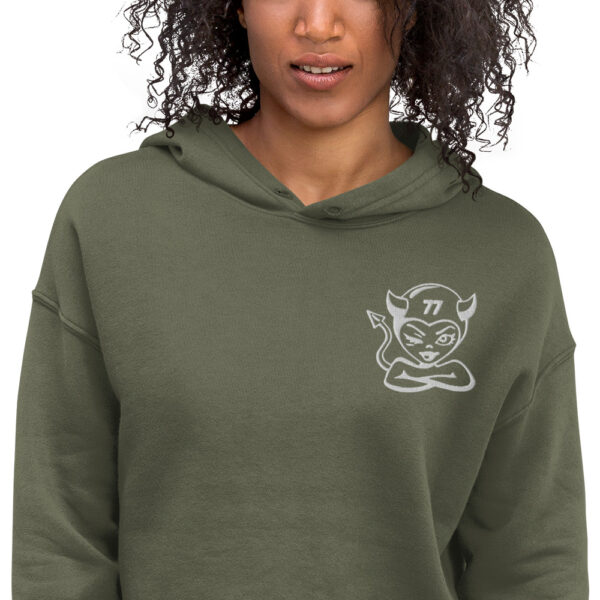 "Little Devil" Logo Crop Hoodie, Black, Military Green - Image 9